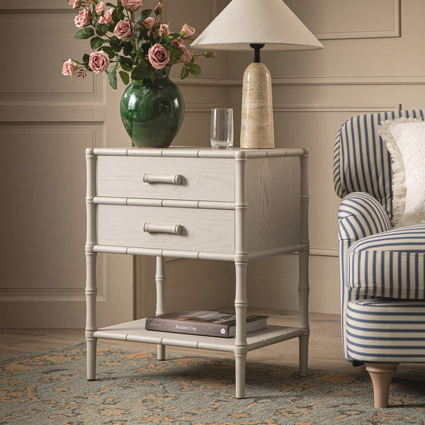 Elstowe Faux Bamboo 2-Drawer Bedside Table, Shaded White
