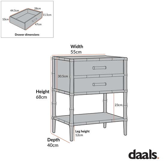 Elstowe Faux Bamboo 2-Drawer Bedside Table, Warm Grey