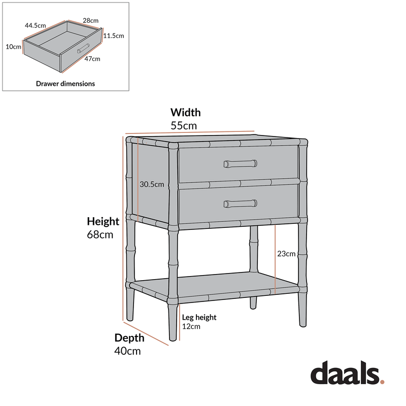 Elstowe Faux Bamboo 2-Drawer Bedside Table, Warm Grey