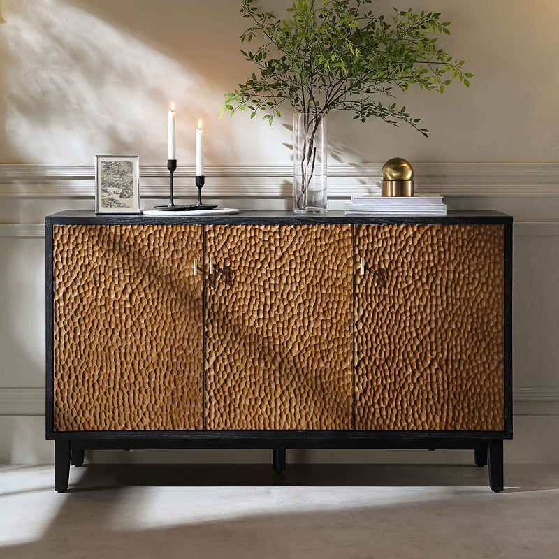 Bianca Chip Carved 3 Door Sideboard, Antique Bronze & Black