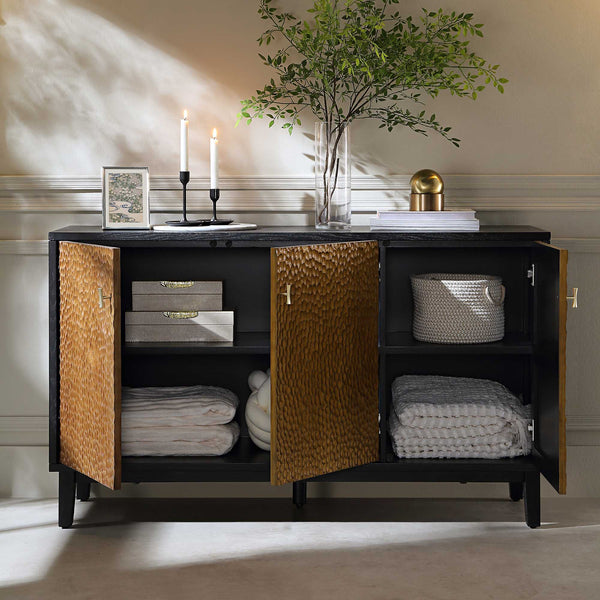 Bianca Chip Carved 3 Door Sideboard, Antique Bronze & Black