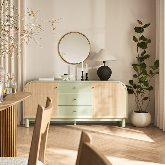 Maude Wide 3-Drawer Sideboard, Muted Pistachio Ash with Raffia