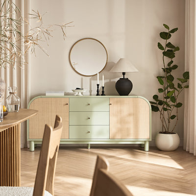 Maude Wide 3-Drawer Sideboard, Muted Pistachio Ash with Raffia