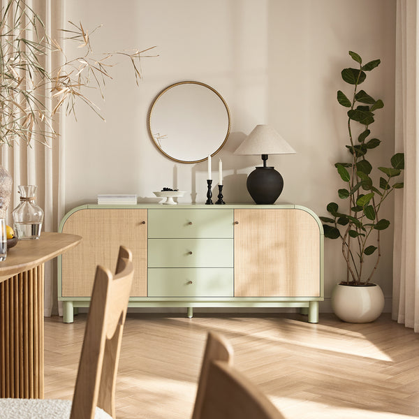 Maude Wide 3 - Drawer Sideboard, Muted Pistachio Ash with Raffia - daals