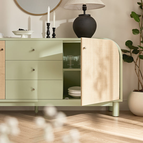 Maude Wide 3 - Drawer Sideboard, Muted Pistachio Ash with Raffia - daals