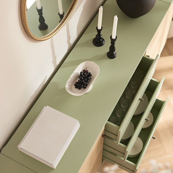 Maude Wide 3 - Drawer Sideboard, Muted Pistachio Ash with Raffia - daals