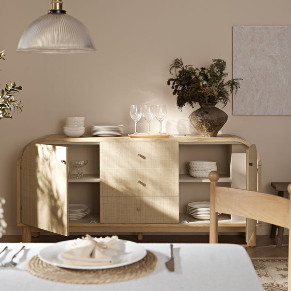 Maude Wide 3-Drawer Sideboard, Natural Ash with Raffia
