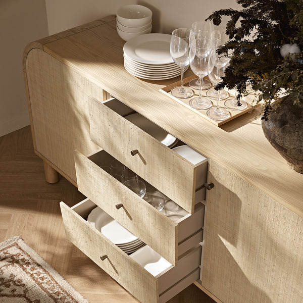 Maude Wide 3-Drawer Sideboard, Natural Ash with Raffia