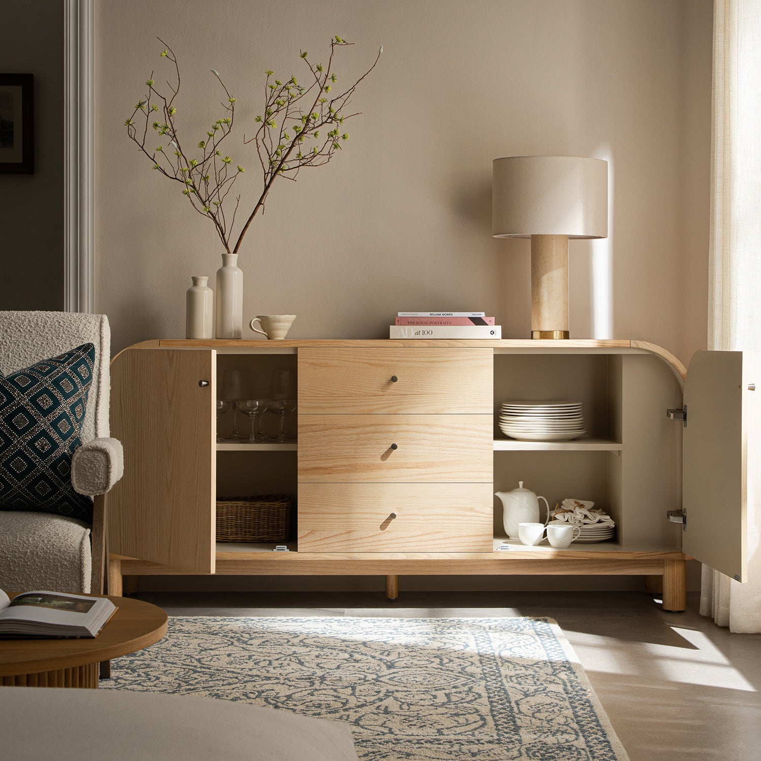 Maude Wide 3-Drawer Sideboard, Natural Ash