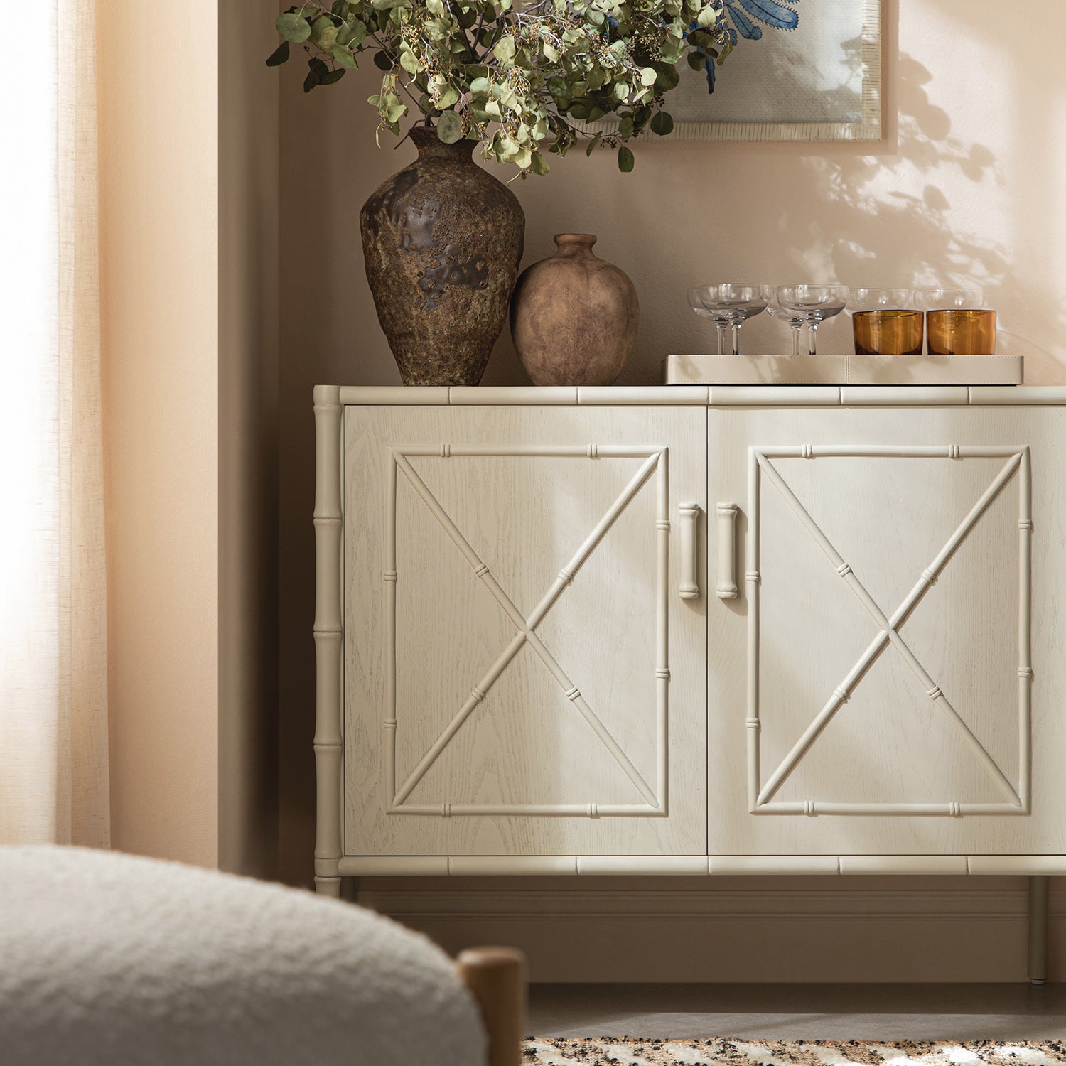 Elstowe Faux Bamboo Small Sideboard, Shaded White