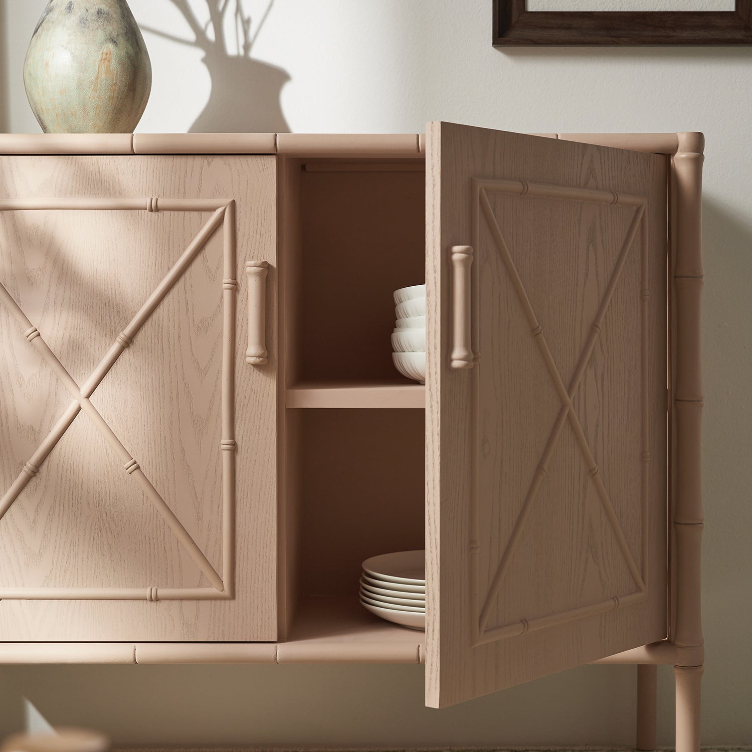 Elstowe Faux Bamboo Small Sideboard, Nude Pink