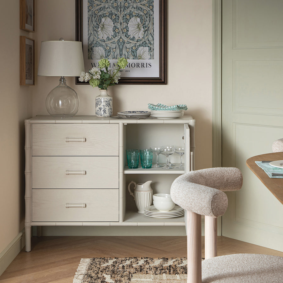 Elstowe Faux Bamboo 1-Door 3-Drawer Sideboard, Shaded White