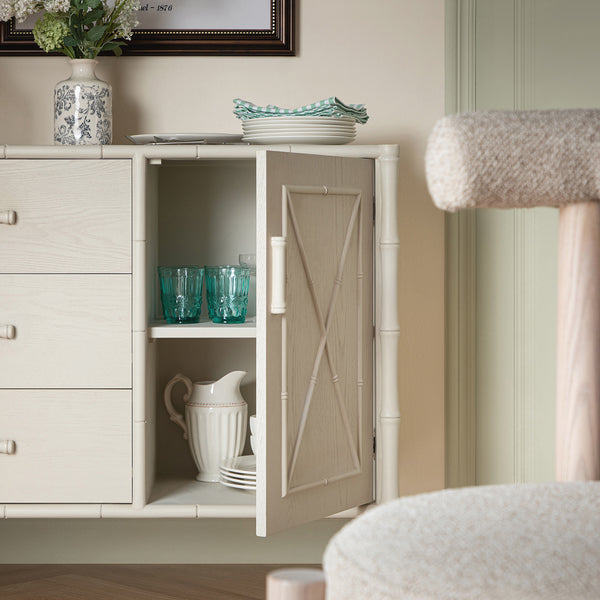 Elstowe Faux Bamboo 1-Door 3-Drawer Sideboard, Shaded White