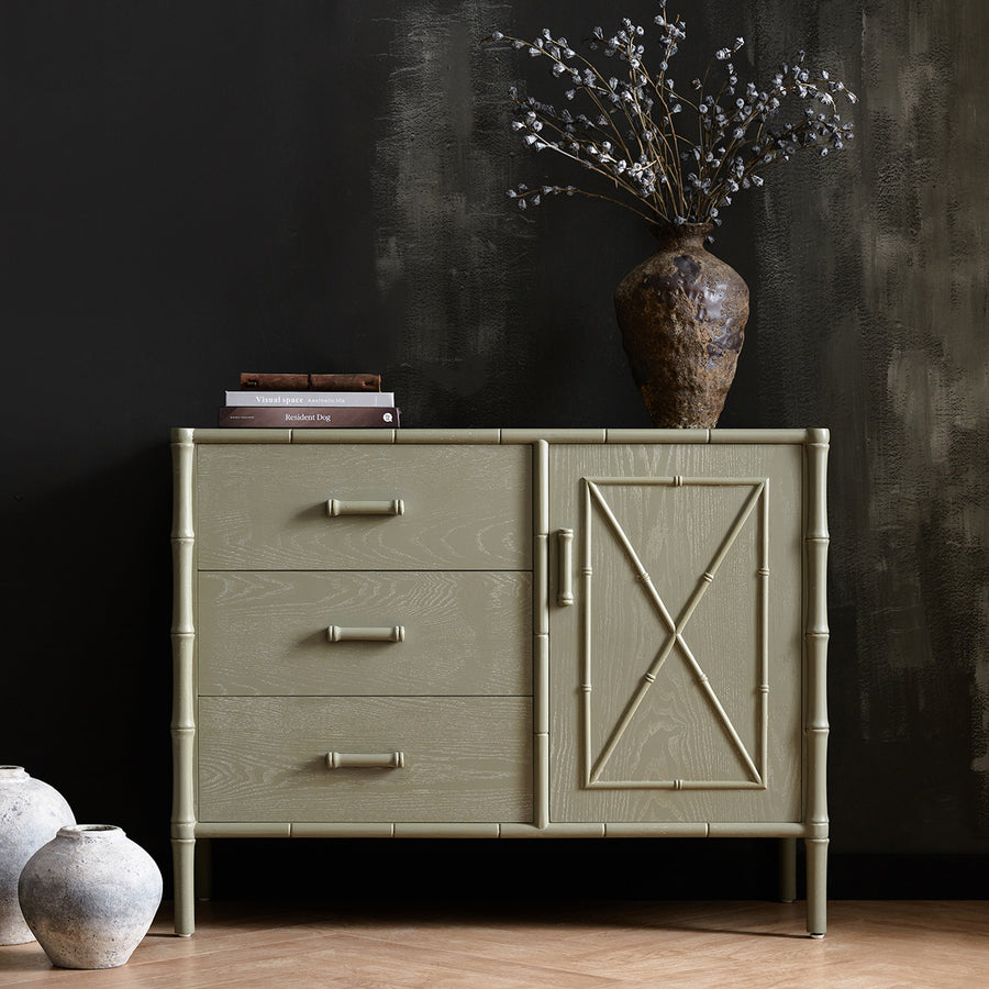Elstowe Faux Bamboo 1-Door 3-Drawer Sideboard, Sage Green