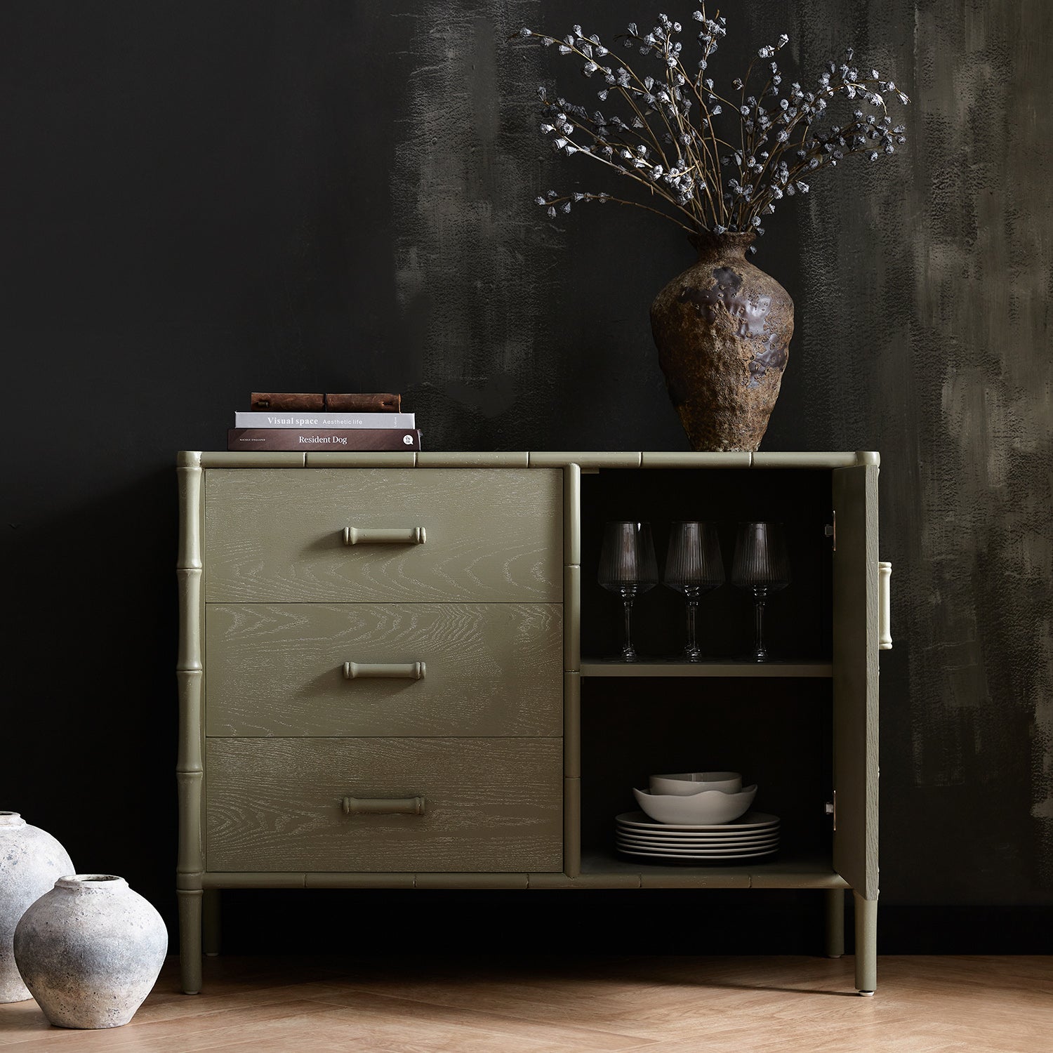 Elstowe Faux Bamboo 1-Door 3-Drawer Sideboard, Sage Green