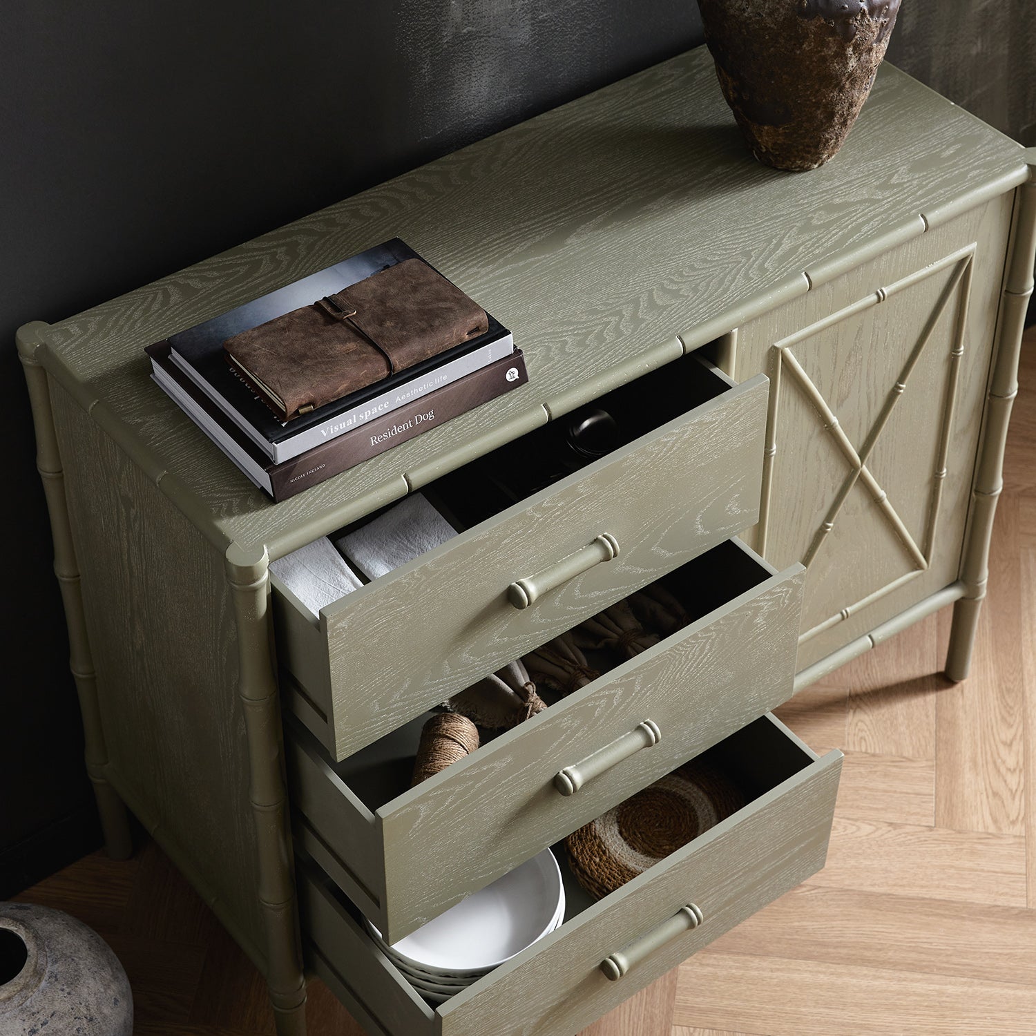 Elstowe Faux Bamboo 1-Door 3-Drawer Sideboard, Sage Green