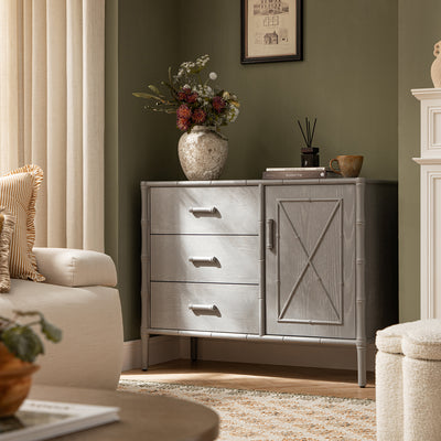 Elstowe Faux Bamboo 1-Door 3-Drawer Sideboard, Warm Grey