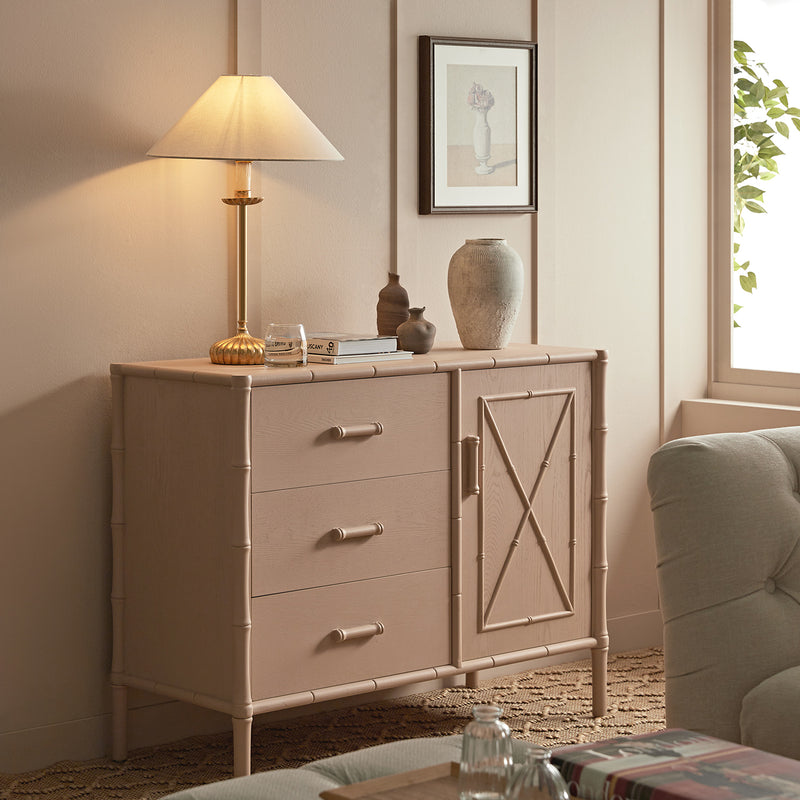 Elstowe Faux Bamboo 1-Door 3-Drawer Sideboard, Nude Pink