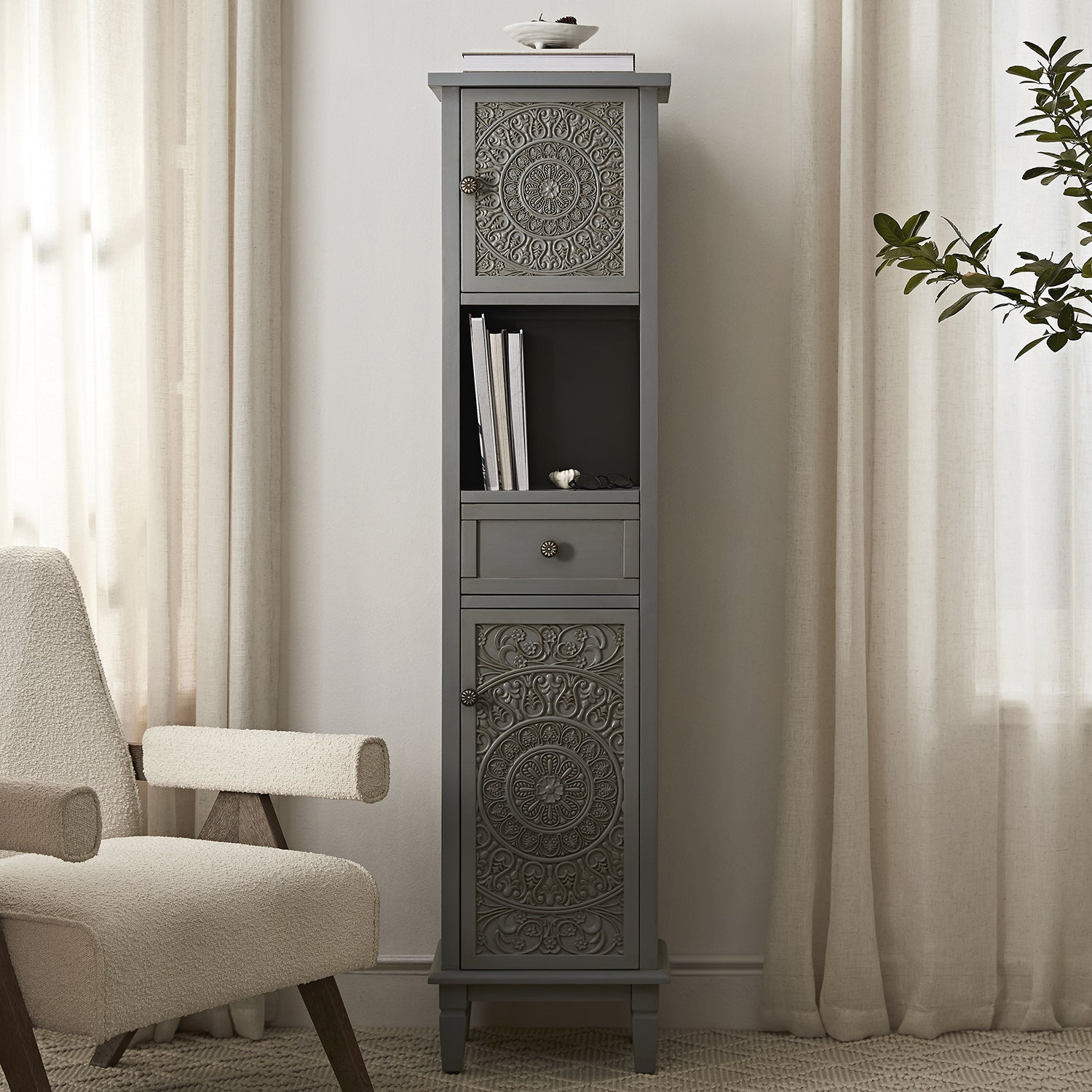Chantilly Mid Grey Carved Bathroom Tallboy Cabinet