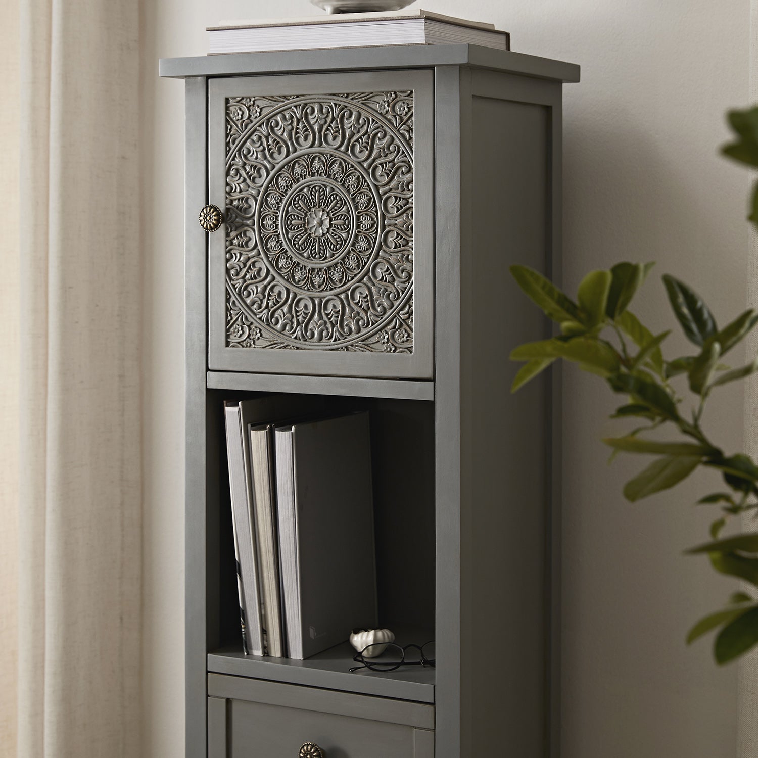 Chantilly Mid Grey Carved Bathroom Tallboy Cabinet