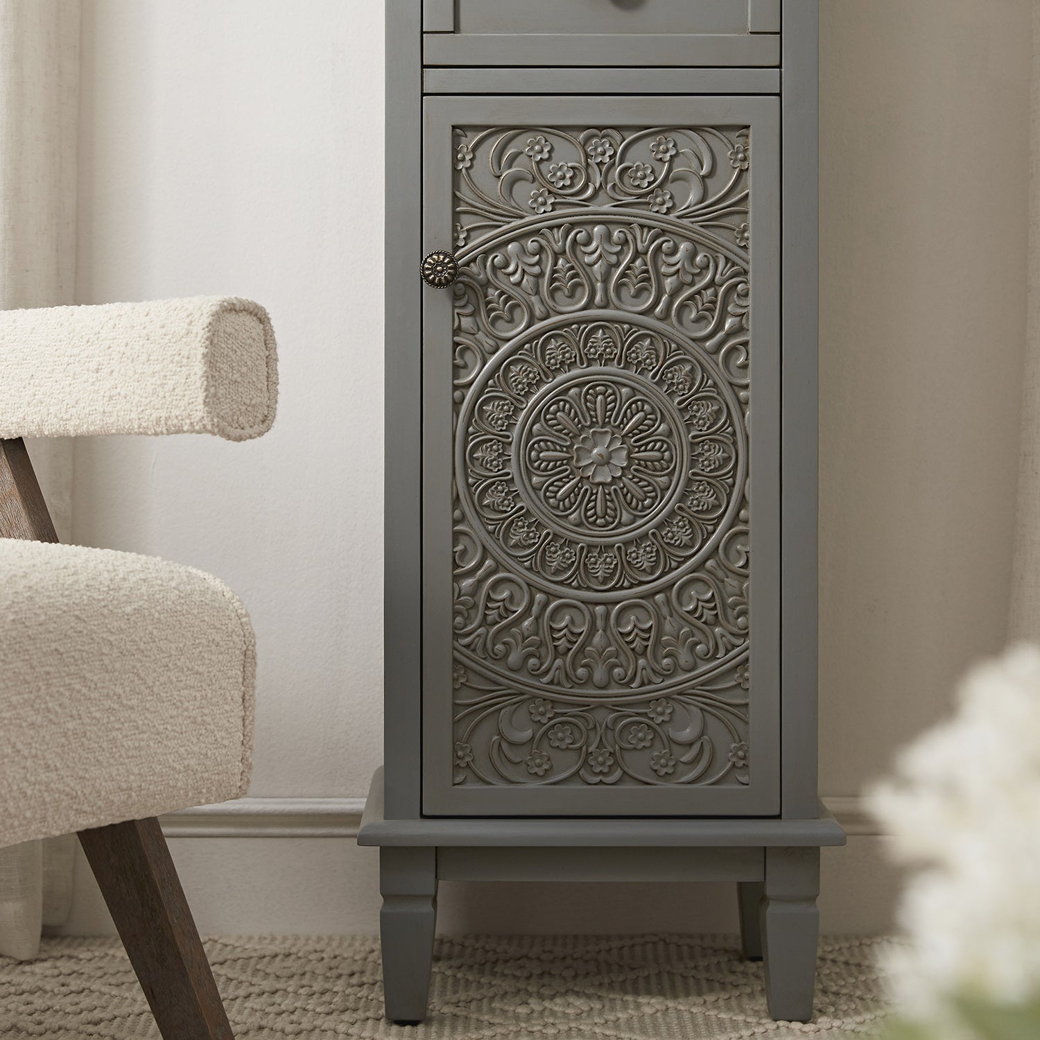 Chantilly Mid Grey Carved Bathroom Tallboy Cabinet