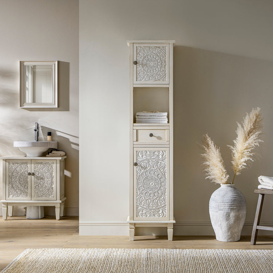 Chantilly Whitewashed Carved Bathroom Tallboy Cabinet