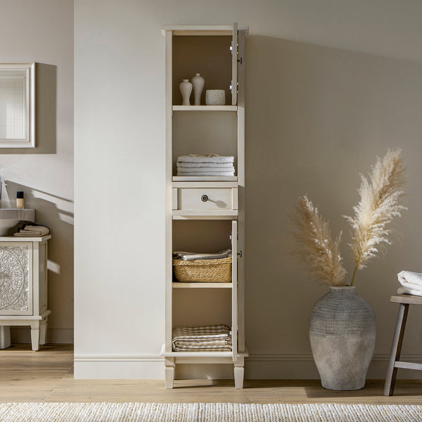 Chantilly Whitewashed Carved Bathroom Tallboy Cabinet