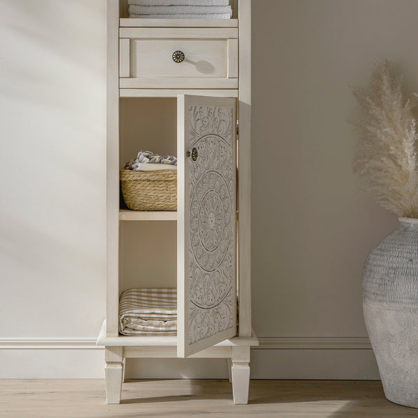 Chantilly Whitewashed Carved Bathroom Tallboy Cabinet