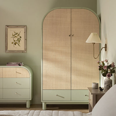 Maude Double Wardrobe, Muted Pistachio Ash with Raffia