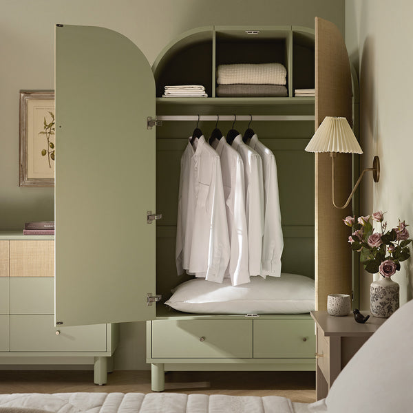 Maude Double Wardrobe, Muted Pistachio Ash with Raffia