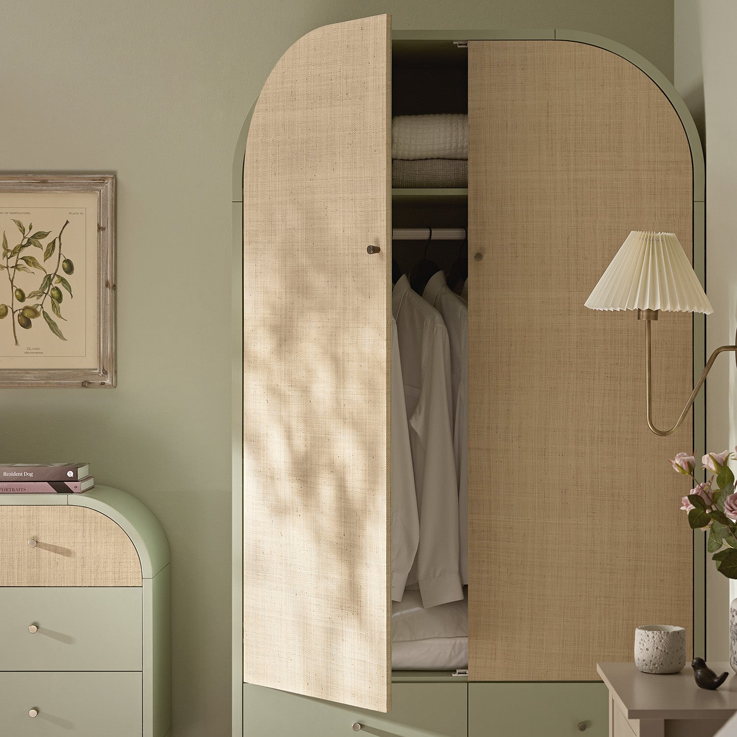 Maude Double Wardrobe, Muted Pistachio Ash with Raffia
