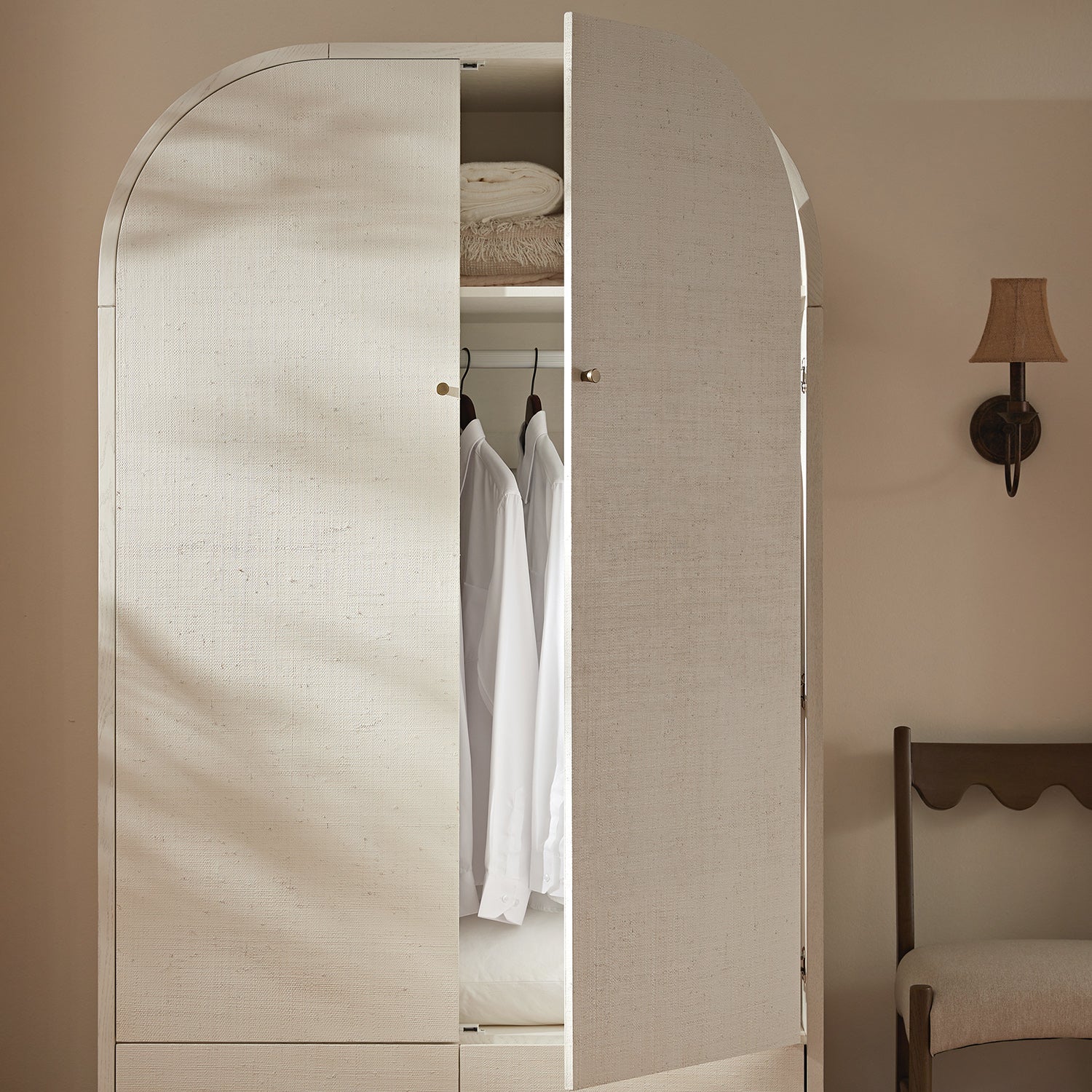 Maude Double Wardrobe, Washed White Ash with Raffia