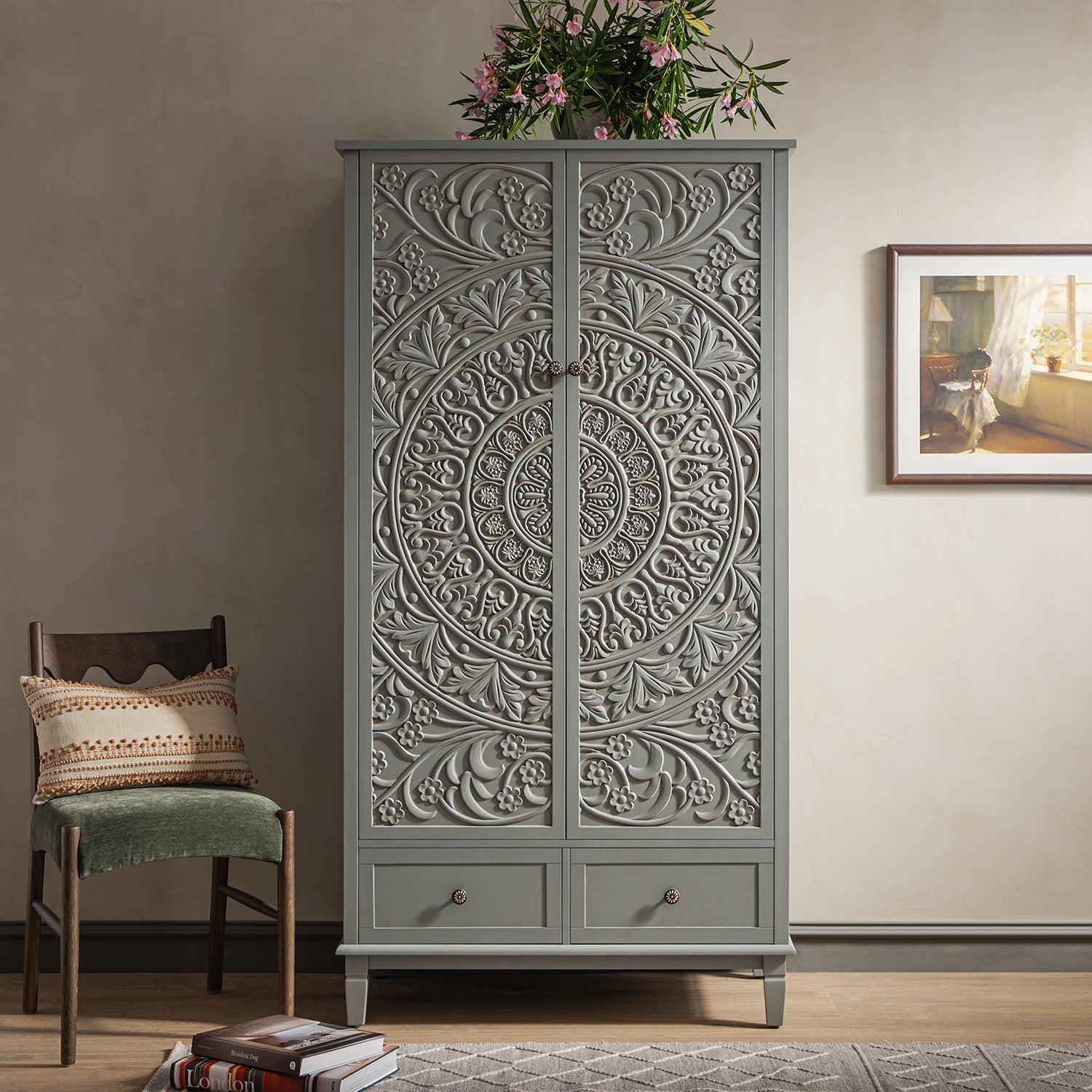 Chantilly Mid Grey Carved Double Wardrobe