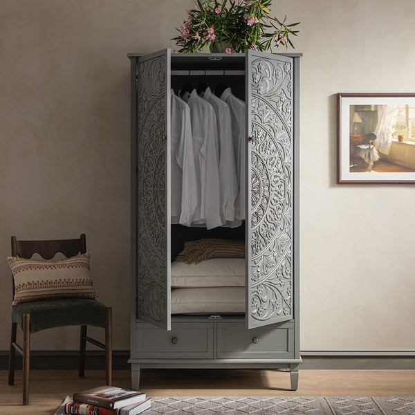 Chantilly Mid Grey Carved Double Wardrobe - daals