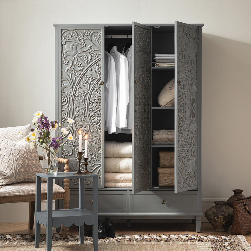 Chantilly Mid Grey Carved Triple Wardrobe - daals