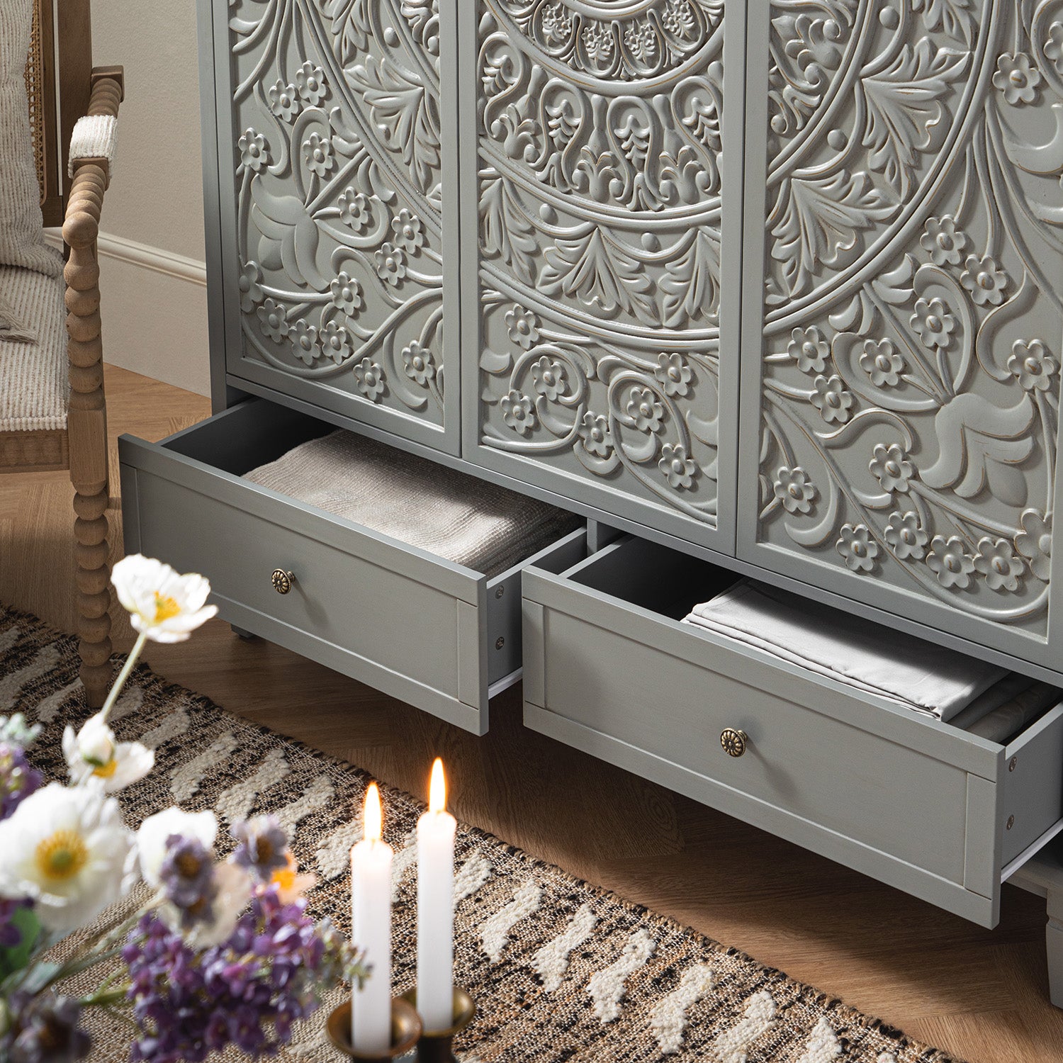 Chantilly Mid Grey Carved Triple Wardrobe