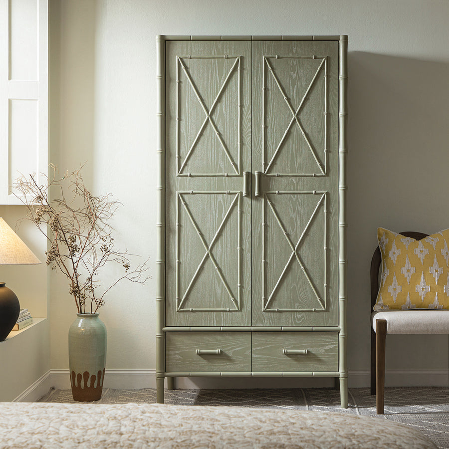 Elstowe Faux Bamboo Double Wardrobe, Sage Green