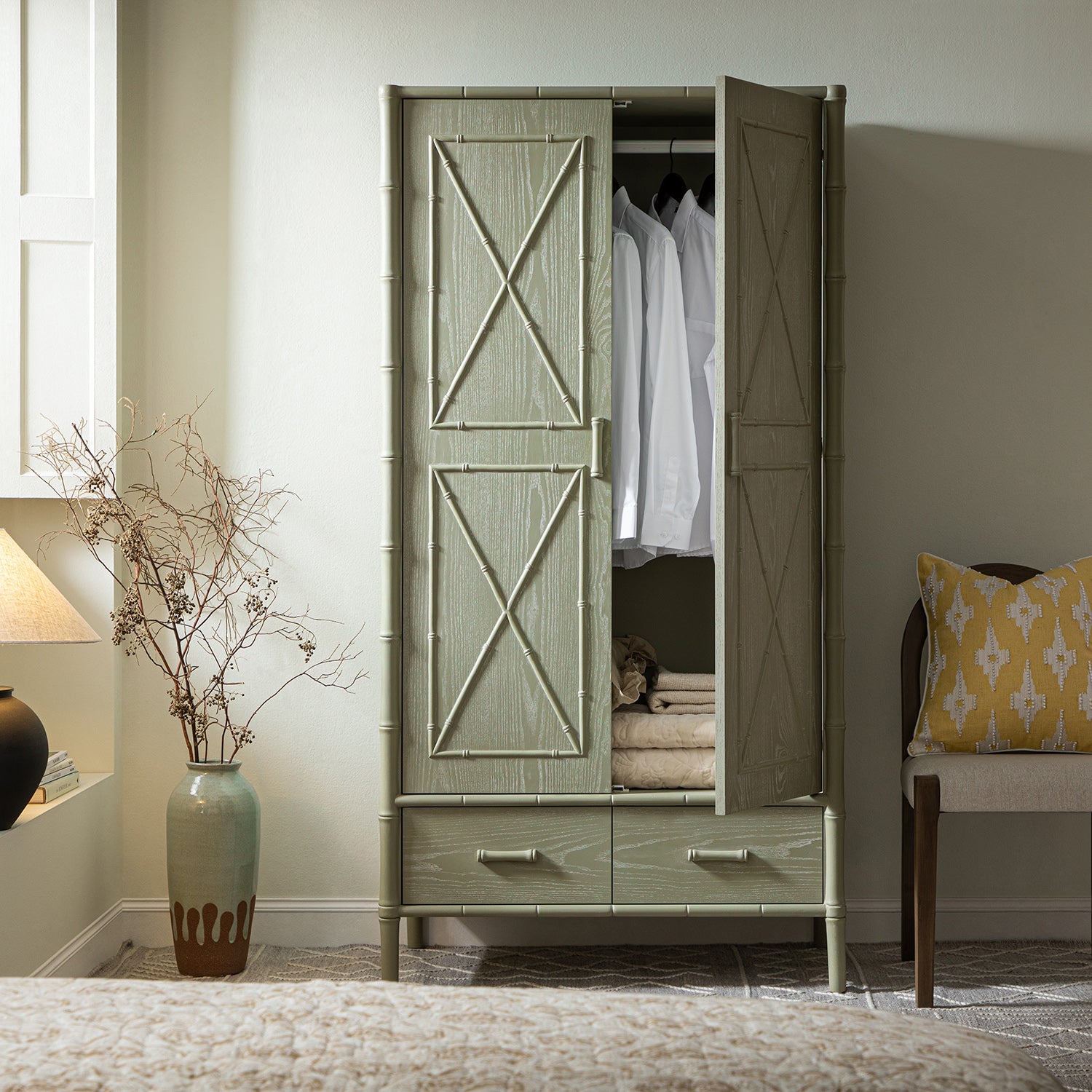 Elstowe Faux Bamboo Double Wardrobe, Sage Green