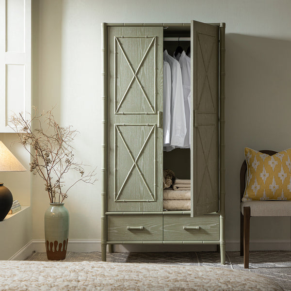 Elstowe Faux Bamboo Double Wardrobe, Sage Green