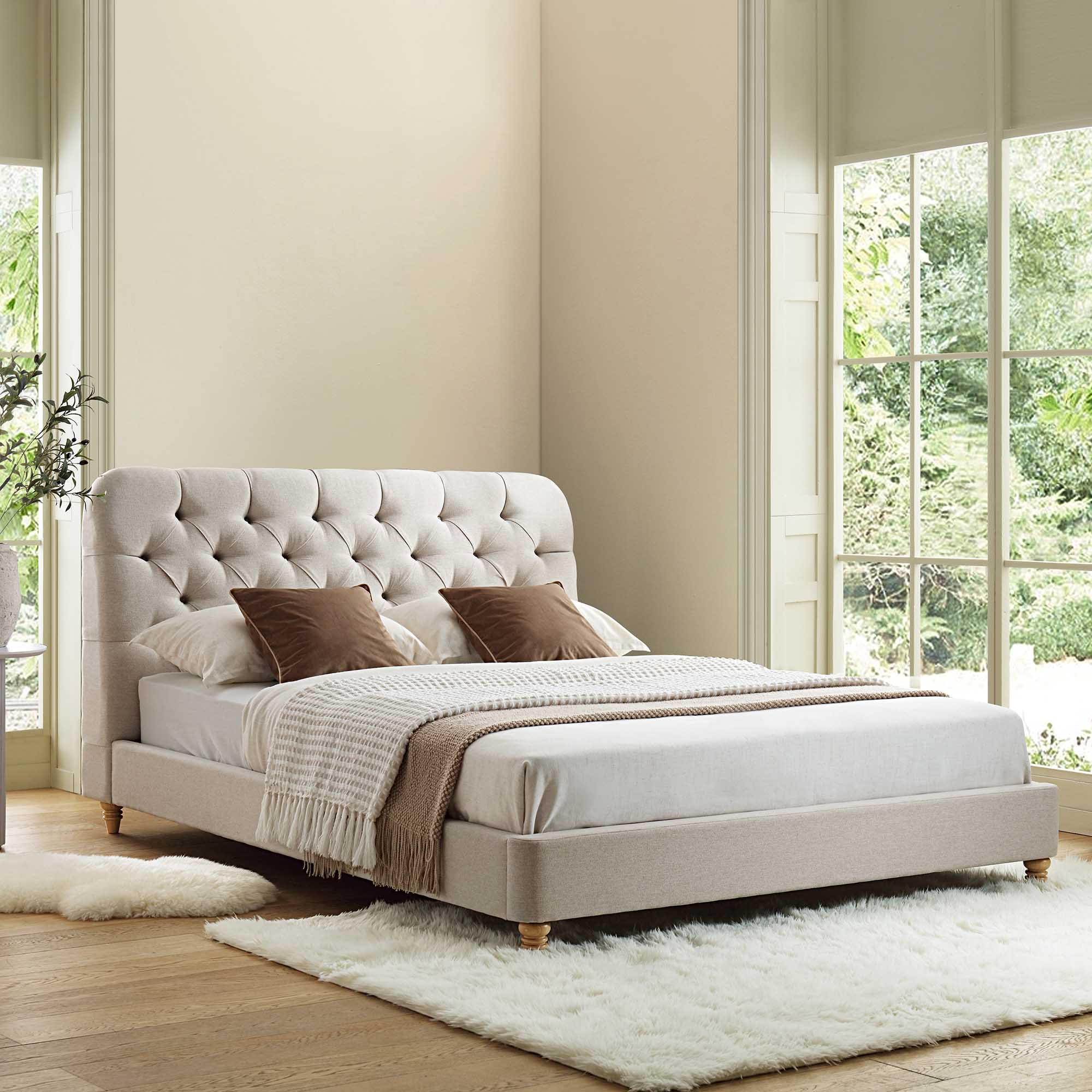 Leamington Deep-Buttoned Upholstered Bed, Oatmeal Fabric