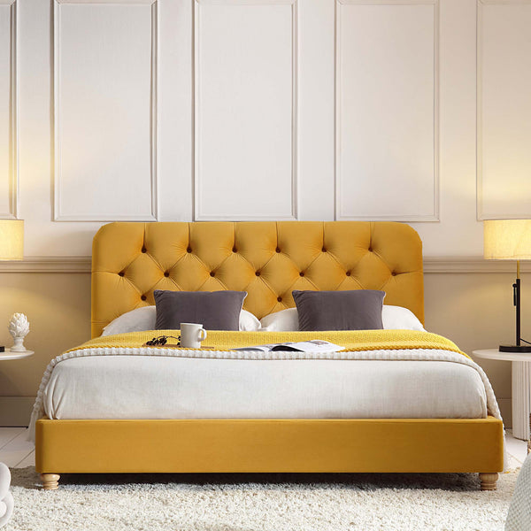 Leamington Deep-Buttoned Upholstered Bed, Turmeric Yellow Velvet