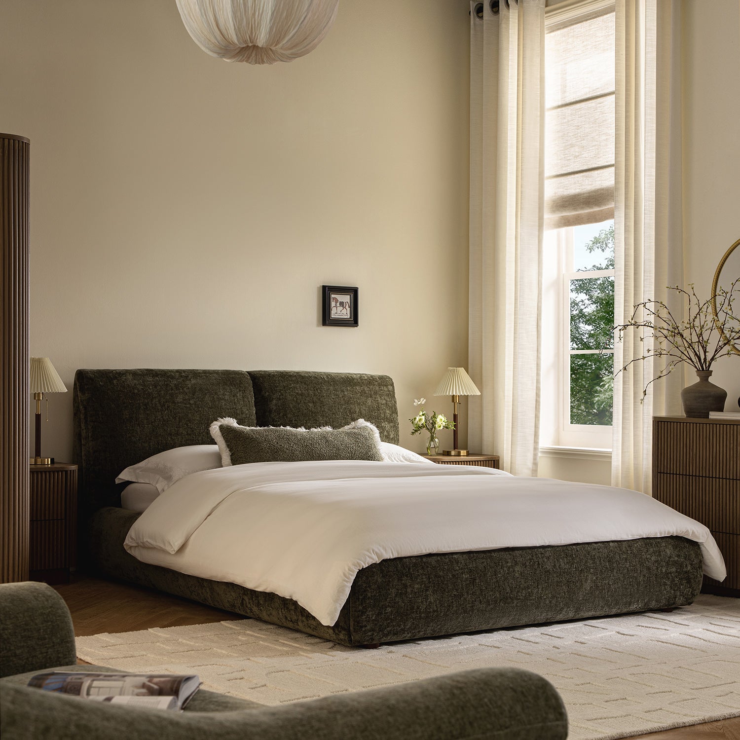 Thera Pillow Headboard Upholstered Bed, Moss Green Chenille - daals