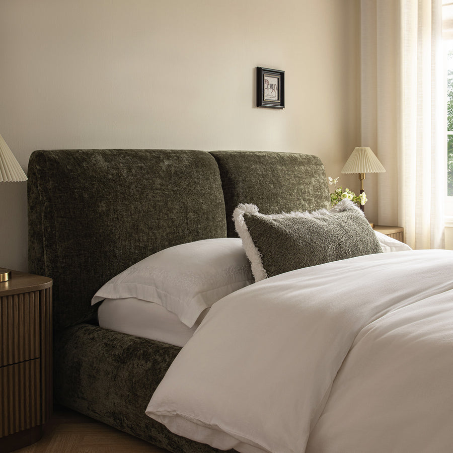 Thera Pillow Headboard Upholstered Bed, Moss Green Chenille - daals