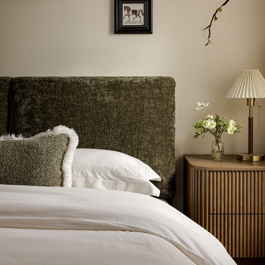 Thera Pillow Headboard Upholstered Bed, Moss Green Chenille - daals