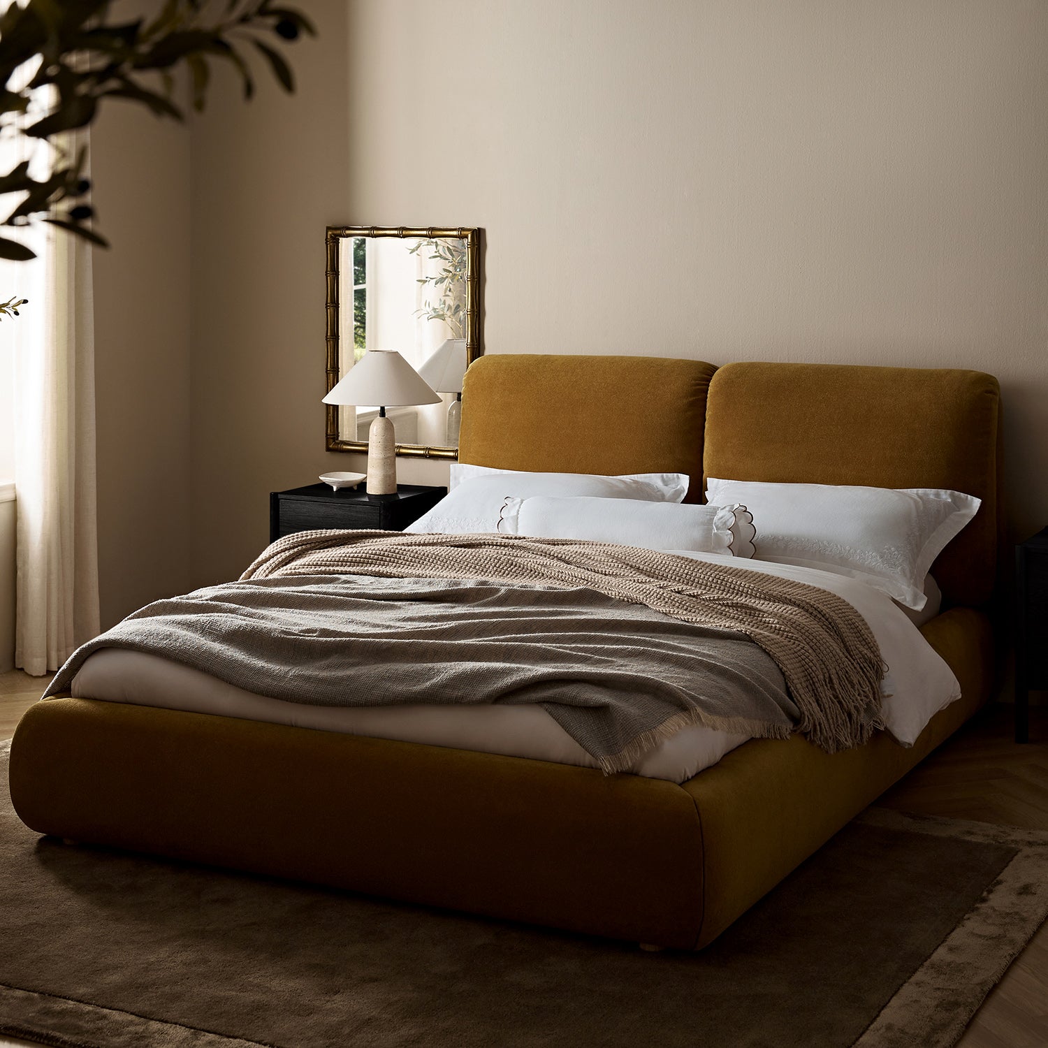 Thera Pillow Headboard Upholstered Bed, Burnt Ochre Chenille - daals