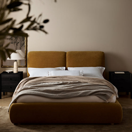 Thera Pillow Headboard Upholstered Bed, Burnt Ochre Chenille