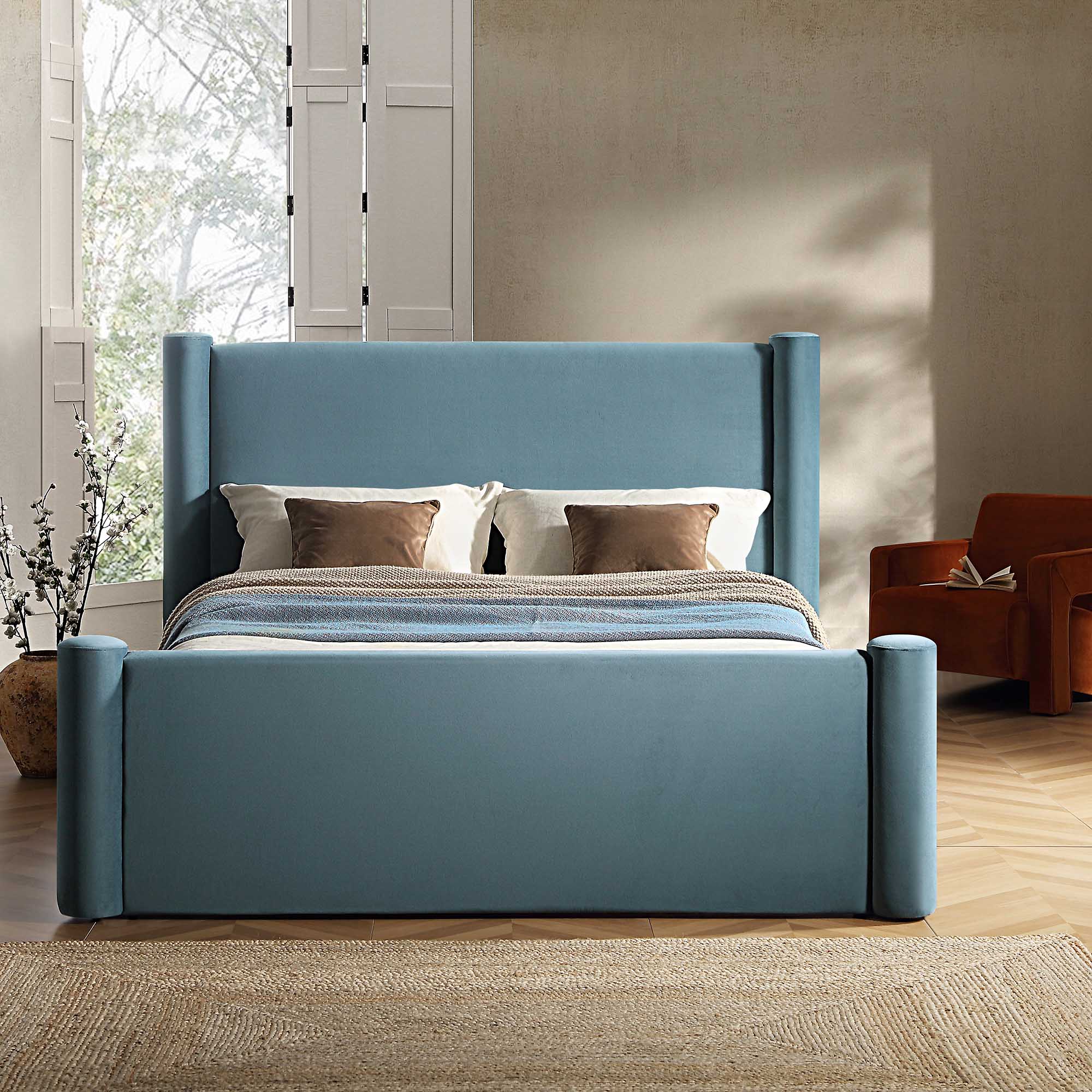 Galerie Misty Blue Velvet Pillar Upholstered Bed