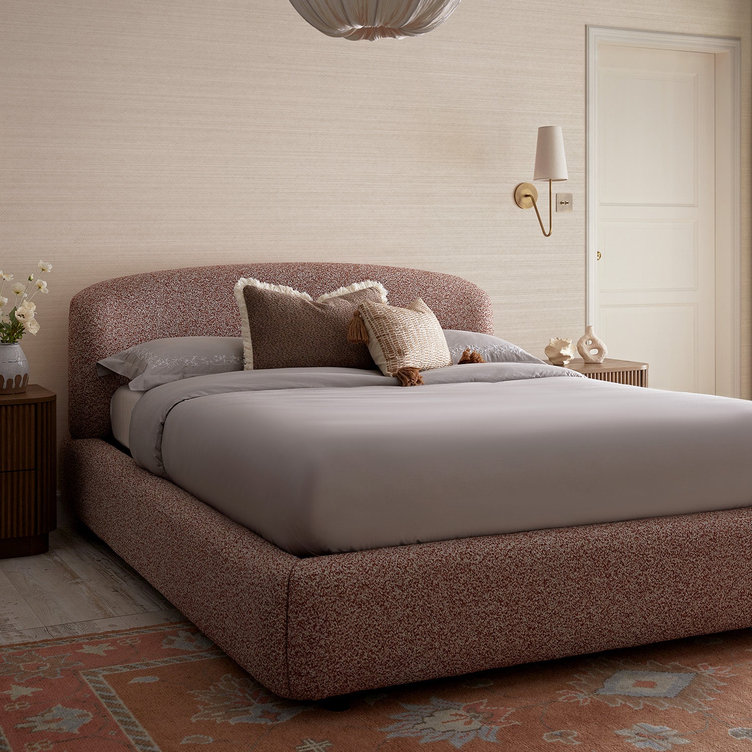 Constance Winged Headboard Ottoman Storage Bed, Musk Blush Boucle