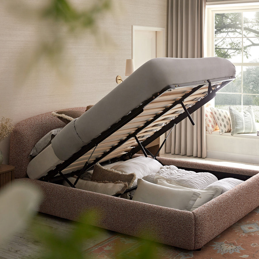 Constance Winged Headboard Ottoman Storage Bed, Musk Blush Boucle