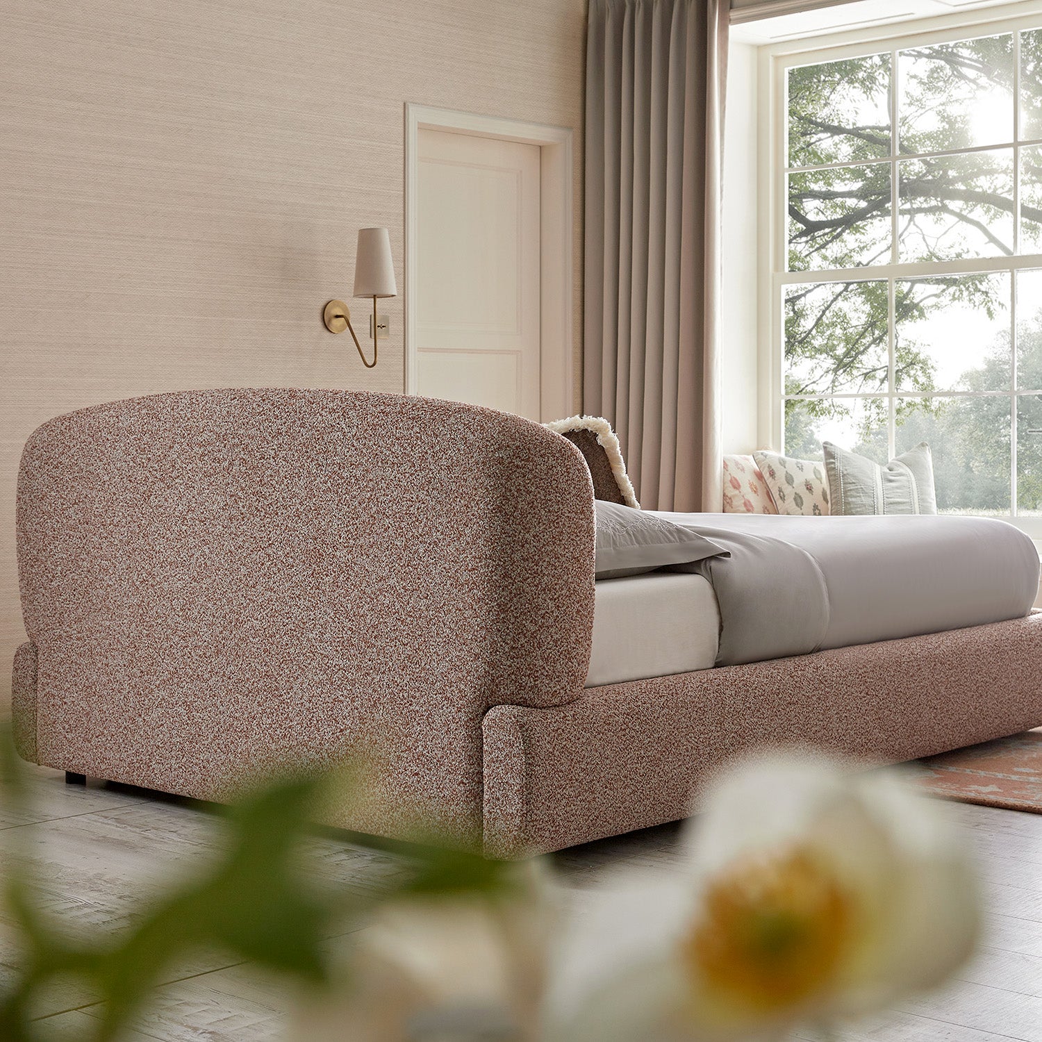 Constance Winged Headboard Ottoman Storage Bed, Musk Blush Boucle